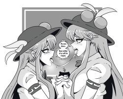 2girls 4chan archived_source blush clone collared_shirt commentary drawfag english_commentary english_text greyscale hat hat_ornament highres hinanawi_tenshi holding_hands interlocked_fingers leaf_hat_ornament long_hair looking_at_another meme monochrome multiple_girls multiple_persona now_neither_of_us_will_be_virgins_(meme) open_mouth peach_hat_ornament profile puffy_short_sleeves puffy_sleeves saliva saliva_trail selfcest shirt short_sleeves tongue tongue_out touhou upper_body very_long_hair yuri