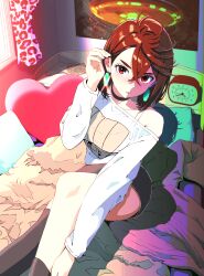 1girl absurdres alarm_clock ayase_momo black_choker black_skirt brown_eyes brown_hair choker clock commentary dandadan earrings hair_between_eyes heart heart-shaped_pillow highres indoors jewelry looking_at_viewer pillow shirt short_hair single_bare_shoulder skirt solo ufo user_dsfa8758 white_shirt