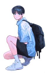 Rule 34 | 1boy, backpack, bag, black hair, blue eyes, closed mouth, dnffkfffk000, highres, looking at viewer, male focus, original, shoes, short hair, sneakers, solo, squatting, white background, white shoes