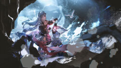1boy 1girl absurdres arknights bandolier belt beret bird black_gloves black_jacket blue_hair blue_neckerchief blurry blurry_foreground capelet cave chinese_commentary cloak commentary_request gloves hat head_wings highres holding holding_lantern holding_umbrella irene_(arknights) jacket lantern lightning long_hair long_sleeves mizuki_(arknights) neckerchief pantyhose pink_skirt pixiv_username puffy_long_sleeves puffy_sleeves rain red_eyes relax_lion seagull short_hair_with_long_locks shoulder_strap signature skirt storm transparent transparent_umbrella two-tone_skirt umbrella water white_capelet white_pantyhose white_skirt white_sleeve_cuffs wings