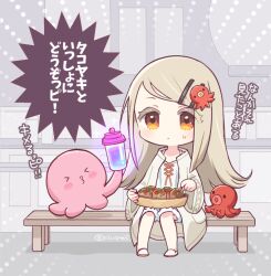 1girl bench bottle bowl brown_hair chibi closed_mouth food gakuen_idolmaster hair_ornament hairclip idolmaster long_hair mopiwo octopus orange_eyes robe shinosawa_hiro shirt sitting solo stuffed_animal stuffed_octopus stuffed_toy sweatdrop takoyaki toothpick translation_request white_shirt