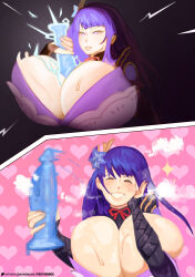 1girl breasts dildo endremora genshin_impact highres huge_breasts long_hair purple_hair raiden_shogun sex_toy smile solo