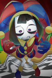 Rule 34 | 1girl, absurdres, asymmetrical gloves, blue eyes, blue gloves, blush stickers, brown hair, colored skin, gloves, hakuyou kureru, hat, highres, jester, jester cap, mismatched gloves, multicolored eyes, pomni (the amazing digital circus), puffy sleeves, red eyes, red gloves, short hair, short sleeves, striped clothes, striped headwear, the amazing digital circus, two-tone eyes, vertical-striped clothes, vertical-striped headwear, white skin