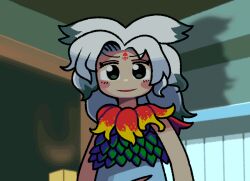1girl commentary_request forehead_tattoo grey_eyes houjuu_chimi indoors leaf_clothing long_hair looking_at_viewer manatsu_no_yo_no_inmu open_mouth parted_bangs smile solo tonchamon_san touhou upper_body white_hair