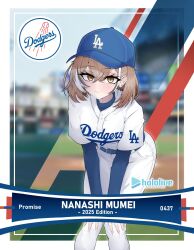 Rule 34 | 1girl, baseball cap, baseball field, baseball stadium, baseball uniform, belt, black hair, blue belt, blue hat, blue undershirt, blurry, blurry background, brown eyes, brown hair, character name, commentary, english commentary, hat, highres, hololive, hololive english, leaning forward, looking at viewer, los angeles dodgers, mayoa, multicolored hair, nanashi mumei, shirt, solo, sportswear, streaked hair, virtual youtuber, white hair, white shirt