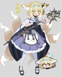 1girl animal_ears arknights black_gloves blonde_hair blue_dress blue_hairband blush chibi chibi_inset dress earpiece fox_ears fox_girl fox_tail gloves green_eyes grey_background hairband highres holding holding_staff kitsune kyuubi multiple_tails notice_lines odmised open_mouth pantyhose simple_background staff suzuran_(arknights) tail white_pantyhose