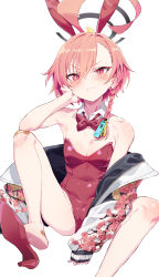 1girl absurdres ahoge animal_ears asymmetrical_bangs bandaid bandaid_on_foot blue_archive bow bowtie braid breasts cameltoe detached_collar feet hair_ornament halo highres huge_ahoge jacket kunikune leotard mole mole_under_eye neru_(blue_archive) neru_(bunny)_(blue_archive) orange_hair playboy_bunny print_jacket rabbit_ears rabbit_hair_ornament red_bow red_bowtie red_eyes red_leotard shoe_dangle simple_background single_braid sitting small_breasts solo strapless strapless_leotard sukajan tag white_background