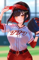 1girl baseball_cap baseball_field baseball_glove baseball_stadium baseball_uniform black_hair blush breasts colored_inner_hair goddess_of_victory:_nikke hat highres holding large_breasts looking_at_viewer multicolored_hair nekoponart pants red_hair red_pants rouge_(nikke) shirt short_hair short_sleeves smile solo spade_(shape) sparkle_hair_ornament sportswear standing white_shirt yellow_eyes