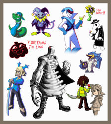 Rule 34 | absurdres, acid, berdly (deltarune), black hair, book, briefcase, bug, butterfly, carol holiday, dedan (off), deltarune, drawpile (medium), everyman (undertale), flowey (undertale), full body, heart, highres, holding, holding book, insect, jevil, jockington (deltarune), katana, knife, kris (deltarune), off (game), pumpkin, queen (deltarune), standing, sword, temmie chang (character), tennasi19, undertale, weapon, white background