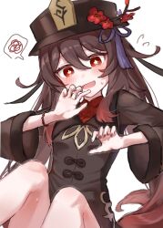 1girl black_hat black_jacket blush bright_pupils brown_hair enunu_7e flower flower-shaped_pupils genshin_impact hat hat_flower highres hu_tao_(genshin_impact) jacket long_hair long_sleeves open_mouth red_eyes red_flower red_shirt shirt simple_background solo symbol-shaped_pupils twintails white_background white_pupils