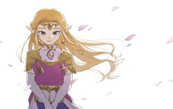 1girl armor blonde_hair blue_eyes circlet closed_mouth commentary_request dress earrings elbow_gloves facing_viewer falling_petals gem gloves highres jewelry long_hair maya_(mayamayammy) nintendo own_hands_together petals pink_dress pink_gloves pink_petals pointy_ears princess princess_zelda red_gemstone shoulder_armor signature simple_background solo tearing_up the_legend_of_zelda the_legend_of_zelda:_ocarina_of_time triforce upper_body white_background