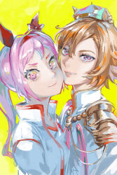 2girls :t androgynous animal_ears bow brown_hair cheek_press closed_mouth collared_jacket crown ear_bow ear_covers epaulettes flower_in_eye grin hair_between_eyes haru_urara_(umamusume) headband heads_together high_ponytail highres horse_ears jacket lips long_hair looking_at_viewer multiple_girls open_clothes open_jacket otimusyairoha pink_hair ponytail purple_eyes red_headband shirt short_hair simple_background smile symbol_in_eye t.m._opera_o_(umamusume) tomboy track_jacket umamusume upper_body yellow_background