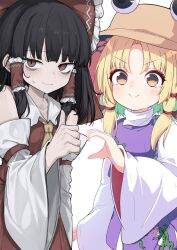 2girls animal_print artist_collaboration ascot black_hair blonde_hair bow brown_hat closed_mouth collared_shirt commentary_request darumoon detached_sleeves frilled_bow frilled_hair_tubes frills frog_print hair_bow hair_ribbon hair_tubes hakurei_reimu hat heart_hands_failure highres hisha_(kan_moko) long_sleeves medium_hair moriya_suwako multiple_girls purple_skirt purple_vest red_bow red_eyes red_ribbon red_shirt red_skirt ribbon shirt sidelocks skirt smile thumbs_up touhou tress_ribbon upper_body v-shaped_eyebrows vest white_shirt white_sleeves wide_sleeves yellow_ascot yellow_eyes
