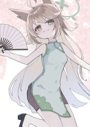 1girl :3 absurdres alternate_hairstyle animal_ears bike_shorts black_shoes blue_archive brown_hair china_dress chinese_clothes dress folding_fan fox_ears fox_girl green_eyes green_halo halo hand_fan highres inaba_reito long_hair otogi_(blue_archive) patterned_background shoes smile