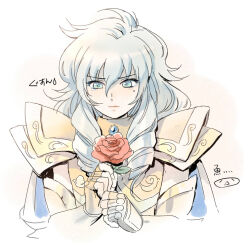 1boy armor blue_eyeshadow blue_gemstone blue_hair cape chest_jewel eyelashes eyeshadow flower gem gold_armor gold_cloth gold_saint holding holding_flower long_hair makeup male_focus mizuhara_aki mole mole_on_cheek mole_under_eye pauldrons pisces_aphrodite red_flower red_rose ringlets rose saint_seiya shoulder_armor solo tearing_up tears translation_request trap v-shaped_eyebrows