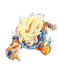 Rule 34 | 1boy, absurdres, blonde hair, blood, blood from mouth, blue shirt, dashing, dragon ball, dragonball z, full body, green eyes, highres, male focus, medium hair, motion lines, muscular, muscular male, nishitakuart, orange pants, pants, shirt, simple background, solo, son goku, spiked hair, super saiyan, super saiyan 1, white background