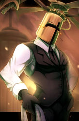 black_gloves black_neckwear black_pants black_vest collared_shirt cowboy_shot facing_viewer formal_clothes glint gloves hand_on_own_hip helmet outdoors pants pikkar propeller_hat propeller_knight shirt shovel_knight solo standing vest white_shirt