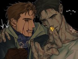 2boys ;d arm_around_shoulder arrow_(symbol) bandage_on_face bandage_on_neck bandages black_hair blood blood_on_face blood_on_hands bloody_tears brown_hair bullet clenched_teeth green_eyes green_jacket hand_on_another&#039;s_shoulder head_tilt highres holding holding_bullet hood hood_down hug implied_yaoi jacket ju-san looking_at_object messy_hair multiple_boys one_eye_closed open_mouth original short_hair smile teeth upper_body yellow_eyes