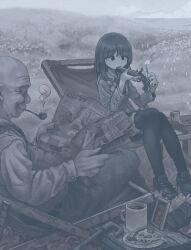 1boy 1girl bald belt blazer blue_theme buttons cane chair closed_mouth collared_shirt cup deck_chair dithering dress_shirt fire food gun gun_in_mouth hamsterfragment hands_up holding holding_gun holding_matchstick holding_newspaper holding_weapon horizon imminent_suicide jacket jaggy_lines knees_together_feet_apart lapels loafers long_sleeves matches medium_hair monochrome mug newspaper no_nose notched_lapels old old_man on_chair original outdoors pants photo_(object) pipe_in_mouth pizza pizza_slice plate school_uniform shirt shoes sitting skirt smile smoke smoking smoking_pipe suicidal_girl_(hamsterfragment) table thighhighs weapon weapon_request