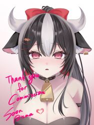 1girl animal_ears artist_name bell black_choker black_hair blush bow breasts choker cleavage commission cow_ears cow_girl cowbell ear_tag hair_bow hair_ornament heart heart-shaped_pupils highres indie_virtual_youtuber large_breasts long_hair pink_eyes red_bow shimofuri_ichibo skeb_commission soen_bisma solo symbol-shaped_pupils thank_you upper_body virtual_youtuber white_hair