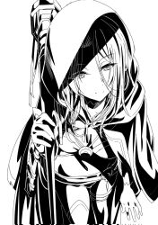 1girl beatrix_(kage_no_jitsuryokusha_ni_naritakute!) breasts cleavage cloak closed_mouth feet_out_of_frame from_above gloves greyscale hair_between_eyes highres holding holding_sword holding_weapon hood hood_up hooded_cloak jewelry kage_no_jitsuryokusha_ni_naritakute! katana light_smile long_hair looking_at_viewer medium_breasts midriff monochrome nakanishi_kazuya necklace over_shoulder pendant short_shorts shorts simple_background single_thighhigh solo standing sword thighhighs thighlet weapon weapon_over_shoulder white_background