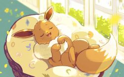 1other blush closed_eyes eevee floor full_body furry gen_1_pokemon grass meecosme nintendo no_humans open_mouth pokemon pokemon_(creature) simple_background sleeping smile tail white_background window