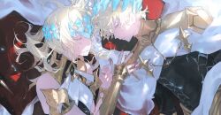 1boy 1girl armlet armor black_shirt blonde_hair brother_and_sister castor_(fate) closed_eyes collar diadem fate/grand_order fate_(series) highres jewelry lying medium_hair metal_collar on_back pollux_(fate) robe shirt shoulder_armor siblings sleeping sleeveless twins uda_(xax_057) white_robe