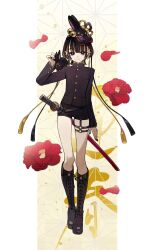 1girl absurdres bell black_eyes black_hair black_jacket black_shorts blonde_hair boots flat_chest flower full_body highres jacket katana knee_boots looking_at_viewer mask mask_on_head multicolored_hair original rabbit rabbit_mask rabbit_on_shoulder rope short_hair shorts smile solo sword tassel thigh_strap two-tone_hair weapon wolf_cut yuu_(higashi_no_penguin)