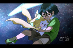 1boy black-framed_eyewear brown_eyes comet commentary_request dated gen_3_pokemon glasses green_footwear green_hair green_shirt happy_tears holding holding_pokemon jirachi legendary_pokemon letterboxed male_focus max_(pokemon) mythical_pokemon nintendo one_eye_closed outdoors pokemon pokemon:_jirachi:_wish_maker pokemon_(anime) pokemon_(creature) pokemon_rse_(anime) shirt shoes short_hair short_sleeves shorts signature sky smile star_(sky) starry_sky tears tsubuan_(itobell)