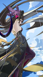 1girl absurdly_long_hair absurdres ai_dongdong arm_behind_head black_dress black_hair blue_sky breasts closed_mouth cloud detached_sleeves dress facing_to_the_side floating_hair gloves highres honkai_(series) honkai_impact_3rd leylah_(honkai_impact) long_hair long_sleeves looking_down outdoors pantyhose pink_gloves purple_pantyhose sideboob signature sky solo standing standing_on_one_leg very_long_hair