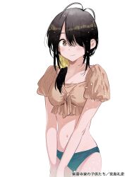1girl absurdres antenna_hair bikini bikini_day black_bikini black_hair breasts cleavage closed_mouth collarbone commentary_request copyright_name hair_ornament hair_over_one_eye hair_over_shoulder hair_scrunchie highres light_blush long_hair looking_at_viewer medium_breasts miyajima_reiji navel official_art one_eye_covered ponytail puffy_short_sleeves puffy_sleeves scrunchie shiunji-ke_no_kodomotachi shiunji_kotono short_sleeves simple_background smile solo stomach swimsuit white_background yellow_bikini yellow_eyes yellow_scrunchie