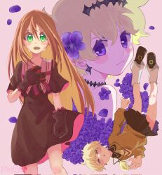 2girls black_dress blonde_hair blush chocolat_meilleure closed_eyes commentary crown crying dress earrings eri_mykyara flower full_body gloves green_eyes hair_between_eyes highres jewelry leg_warmers long_hair looking_back multiple_girls multiple_views orange_hair pendant purple_eyes purple_flower school_uniform short_hair sugar_sugar_rune tears vanilla_mieux violet_(flower)