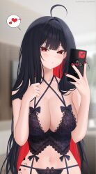 1girl ahoge bare_shoulders black_bra black_hair black_panties blurry blurry_background blush bra breasts cleavage colored_inner_hair heart highres hip_tattoo holding holding_phone large_breasts lingerie looking_at_viewer mole mole_on_breast multicolored_hair navel navel_piercing original panties phone piercing red_eyes red_nails rei_(rosumini) rosumini solo spoken_heart star_tattoo tattoo underwear underwear_only