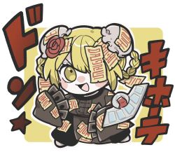1girl :d black_pants blonde_hair border brown_raincoat chibi don_quixote_(project_moon) double_bun e.g.o_(project_moon) flower full_body hair_bun highres kojocho05 limbus_company long_sleeves looking_at_viewer ofuda one_eye_covered open_mouth pants project_moon red_flower red_rose red_sheet_(e.g.o) rose short_hair simple_background smile solo standing talisman white_border yellow_background yellow_eyes