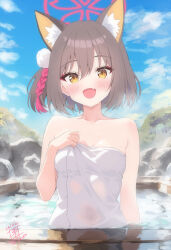 1girl :d animal_ears blue_archive blue_sky breasts brown_hair cloud extra_ears fang fox_ears fox_girl halo highres izuna_(blue_archive) looking_at_viewer medium_breasts naked_towel onsen open_mouth outdoors partially_submerged s_sequentia short_hair skin_fang sky smile towel water wet wet_towel yellow_eyes