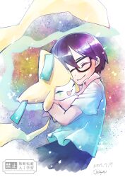 1boy absurdres affectionate black-framed_eyewear black_shorts closed_eyes closed_mouth commentary_request dated gen_3_pokemon glasses happy highres hug jirachi legendary_pokemon male_focus max_(pokemon) mocha_fushigi mythical_pokemon nintendo pokemon pokemon:_jirachi:_wish_maker pokemon_(anime) pokemon_(creature) pokemon_rse_(anime) shirt short_hair short_sleeves shorts signature smile watermark
