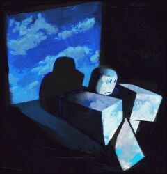 1other black_background cloud cloud_print cloudy_sky curled_up fake_sky flxphlx full_body light_frown microsoft_paint_(medium) painterly player_character_(roblox) roblox shadow simple_background sitting sky solo