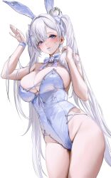 1girl absurdres alternate_costume animal_ears blue_eyes blush breasts cinderella_(nikke) cleavage covered_navel detached_collar fake_animal_ears furuming1 goddess_of_victory:_nikke grey_hair grey_leotard hair_ornament hair_over_one_eye hairclip highleg highleg_leotard highres large_breasts leotard long_hair looking_at_viewer playboy_bunny rabbit_ears rabbit_pose red_eyes solo strapless strapless_leotard twintails very_long_hair white_background