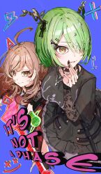 2girls ahoge antler_ornament antlers black_choker black_nails black_shirt black_skirt black_sweater brown_eyes brown_hair ceres_fauna ceres_fauna_(goth) choker chromatic_aberration commentary crinoline electric_guitar emo_fashion english_commentary goth_fashion graffiti green_hair guitar hair_over_one_eye heart heart_choker heart_o-ring heart_ring_choker highres holding holding_guitar holding_instrument holding_microphone hololive hololive_english horns huge_ahoge instrument lace_sleeves looking_at_viewer microphone mouchu multicolored_hair multiple_girls nanashi_mumei nanashi_mumei_(emo) o-ring o-ring_choker pleated_skirt purple_background red_sweater shirt short_hair skirt smile song_name streaked_hair striped_clothes striped_sweater sweater t-shirt torn_clothes torn_sweater tree_horns two-tone_sweater virtual_youtuber wavy_hair