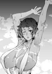 1girl armpits arms_up azukiko breasts cloud cloudy_sky comiket_94 greyscale kawakami_sadayo large_breasts lips monochrome one_eye_closed outdoors persona persona_5 presenting_armpit short_hair sky slingshot_swimsuit solo summer swimsuit tan tanline tareme wet