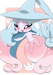 1girl absurdly_long_hair big_hair black_sclera blue_hair blue_hat blush border collarbone colored_sclera colored_skin female_focus flat_chest full_body gen_8_pokemon gradient_hair grey_skin half-closed_eyes happy hat hatterene kazamidoririnn leg_up long_hair looking_at_viewer multicolored_hair nintendo no_feet open_mouth outside_border parted_bangs pink_background pink_hair pokemon pokemon_(creature) prehensile_hair sidelocks simple_background smile solo star_(symbol) two-tone_hair v very_long_hair white_border white_eyes witch_hat x-ray