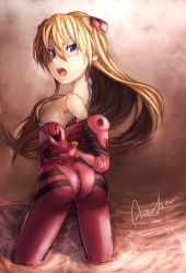 1girl ass bad_anatomy bad_proportions blue_eyes blush bodysuit breasts censored convenient_censoring female_focus hair_censor highres long_hair mecha_pilot_suit medium_breasts neon_genesis_evangelion plugsuit_(evangelion) poorly_drawn red_hair saltydanshark sideboob solo souryuu_asuka_langley undressing