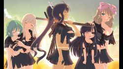 5girls absurdres black_hair black_neckerchief black_sailor_collar black_shirt black_skirt blonde_hair blunt_bangs breasts brown_hair cleavage closed_eyes cloud curly_hair dark-skinned_female dark_skin eyepatch game_cg green_eyes green_hair hair_ribbon hand_on_another&#039;s_head haruka_(senran_kagura) hebijo_academy_school_uniform highres hikage_(senran_kagura) holding holding_sword holding_weapon homura_(senran_kagura) large_breasts long_hair looking_at_viewer medium_hair midriff mirai_(senran_kagura) morning multiple_girls navel neckerchief non-web_source official_art one_eye_closed orange_sky pillarboxed pink_ribbon ponytail ribbon sailor_collar school_uniform senran_kagura senran_kagura_burst shirt short_hair skirt sky smile sunrise sword tan tanline torn_clothes weapon yaegashi_nan yomi_(senran_kagura)