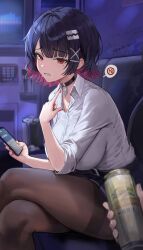 1girl 1other absurdres black_choker black_hair black_pantyhose can cellphone choker collared_shirt colored_inner_hair commentary_request crossed_legs ellen_joe highres holding holding_can holding_phone lillly lollipop_in_mouth long_sleeves looking_at_viewer mole mole_under_eye multicolored_hair nail_polish pantyhose phone pink_hair pov red_eyes red_nails shirt short_hair sitting smartphone solo_focus teeth thighband_pantyhose thighs two-tone_hair white_shirt zenless_zone_zero