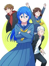 &gt;_&lt; 2boys 2girls :d arms_up bandage_on_face bandages blue_eyes blue_hair blue_sailor_collar brown_eyes brown_hair collared_jacket crossed_arms highres hood hoodie jacket light_frown long_hair long_skirt medium_hair multiple_boys multiple_girls nabeshima_nabeo open_clothes open_jacket open_mouth original ponytail pout red_hoodie ribbon sailor_collar sailor_shirt school_uniform shirt short_hair skirt small_pupils smile v white_hair white_undershirt yellow_ribbon