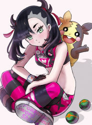 1girl asymmetrical_bangs bare_shoulders beast_ball black_choker black_gloves black_hair black_pantyhose blue_eyes blunt_bangs blush choker crop_top crossed_legs dynamax_band earrings gen_8_pokemon gloves gym_uniform hair_ribbon head_tilt jewelry leaning_forward leggings looking_up marnie_(pokemon) midriff morpeko morpeko_(full) nintendo pantyhose pantyhose_under_shorts pink_pantyhose pink_ribbon pink_shorts poke_ball pokemon pokemon_(creature) pokemon_on_back pokemon_swsh ribbon setta_shu shaved_head short_hair short_twintails shorts simple_background single_glove sitting spiked_hair striped_clothes striped_pantyhose thick_eyebrows twintails two-tone_legwear two_side_up white_background