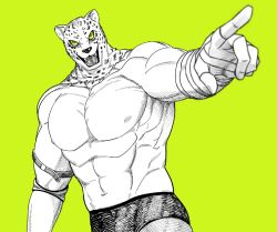 1boy abs bara bare_pectorals biceps commentary fangs green_background jaguar_boy king_(tekken) looking_at_viewer masked muscular muscular_male navel nipples open_mouth pectorals pointing pointing_at_viewer spotted_fur syabeo tekken topless_male wrestling_outfit