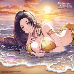 1girl artist_request beach bikini black_hair breasts cloud copyright_name copyright_notice earrings gamma_(kage_no_jitsuryokusha_ni_naritakute!) hoop_earrings jewelry kage_no_jitsuryokusha_ni_naritakute! kage_no_jitsuryokusha_ni_naritakute!_master_of_garden large_breasts long_hair mole mole_under_mouth navel necklace ocean official_art palm_tree pointy_ears purple_eyes sarong sky smile solo sunset swimsuit tree wet wet_hair yellow_bikini yellow_sarong