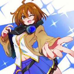 Rule 34 | 1girl, ;d, assault lily, belt, black belt, blue background, blue skirt, breasts, brown cardigan, brown eyes, brown hair, buttons, cardigan, commentary, cowboy shot, digamma, fingernails, hair between eyes, hands up, headphones, highres, jewelry, kawamura yuzuriha, lace, lace-trimmed skirt, lace trim, long bangs, long sleeves, looking at viewer, loose belt, medium breasts, midriff peek, miniskirt, navel, necktie lift, no bra, o-ring, o-ring belt, odaiba girls high school uniform, one eye closed, open cardigan, open clothes, open mouth, outstretched arm, partially unbuttoned, pendant, pleated skirt, reaching, reaching towards viewer, ring, school uniform, shirt, short hair, skirt, sleeves past wrists, smile, solo, sparkle background, two-tone background, white background, white shirt