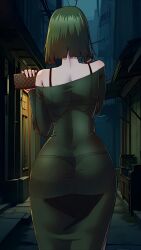 bag black_bra bra bra_strap bra_visible_through_clothes bralines breasts cellphone cleavage curvy dress from_behind fubuki_(one-punch_man) godletter green_dress green_eyes green_hair handbag huge_breasts night off-shoulder_dress off_shoulder outdoors pantylines phone see-through_clothes see-through_dress short_hair smartphone tagme taut_clothes taut_dress thigh_slit third-party_edit underwear wide_hips